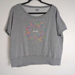 L Aerie Gray Smile Print Short Sleeve Sweatshirt